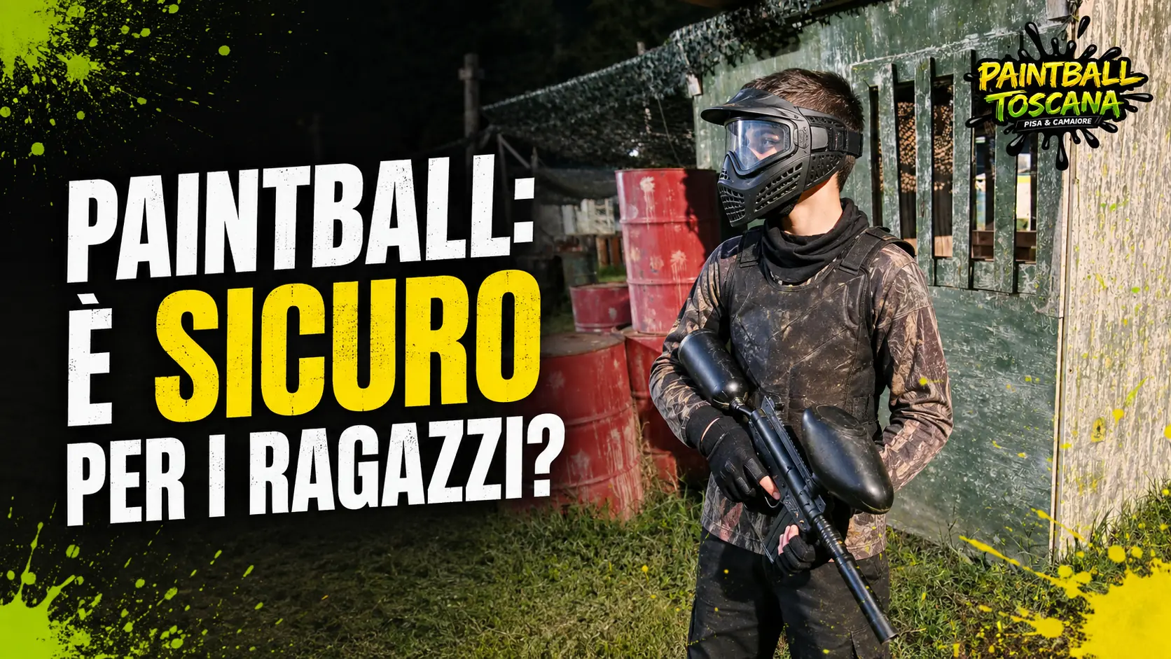 Ragazzo con protezioni e marcatore rivolto verso il basso